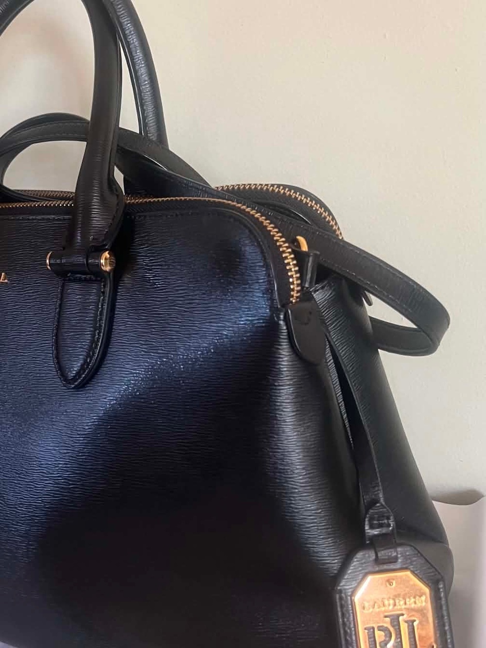 Ralph Lauren Black Leather Satchel with Gold Logo Tag Accent - Picture 11 of 13